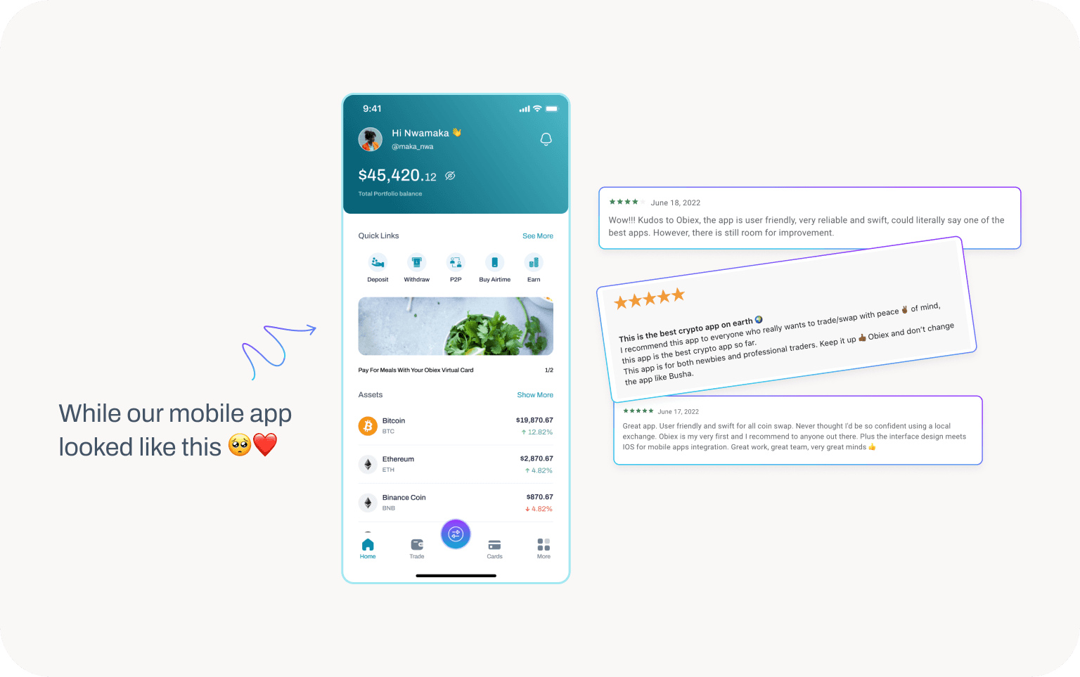 Mobile app interface with user reviews and cryptocurrency portfolio display.
