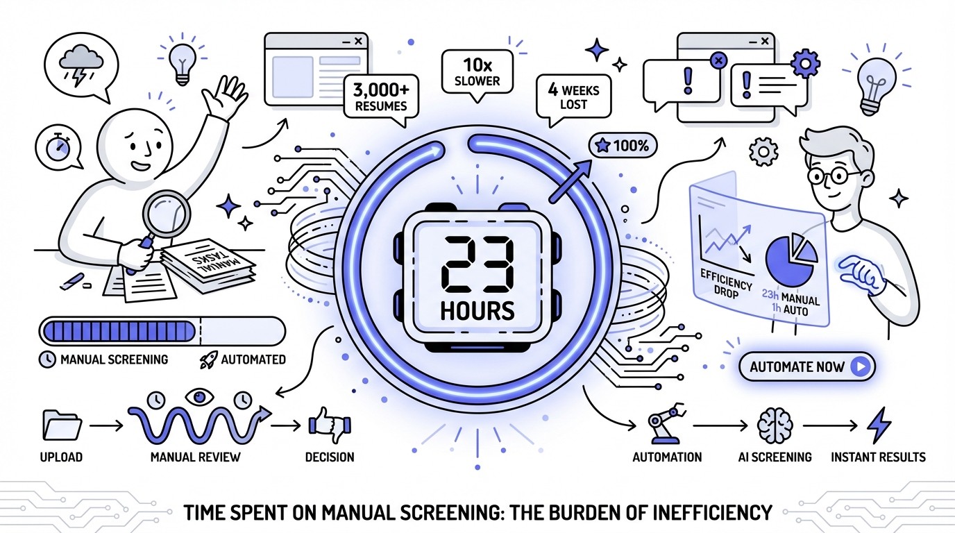 An infographic titled 'Time Spent on Manual Screening,' featuring a large digital clock face prominently displaying '23 hours' and a circular progress bar. Surrounding these are glowing blue and green data streams, abstract circuit board patterns, and interconnected data points, all set against a clean, light background with subtle digital grid lines. The design is modern and tech-focused, conveying data analysis.