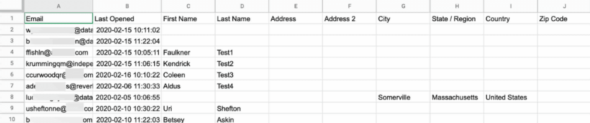 Format the CSV Files.png  Alt text: "Spreadsheet showing contact data including email, name, address, and last opened date."