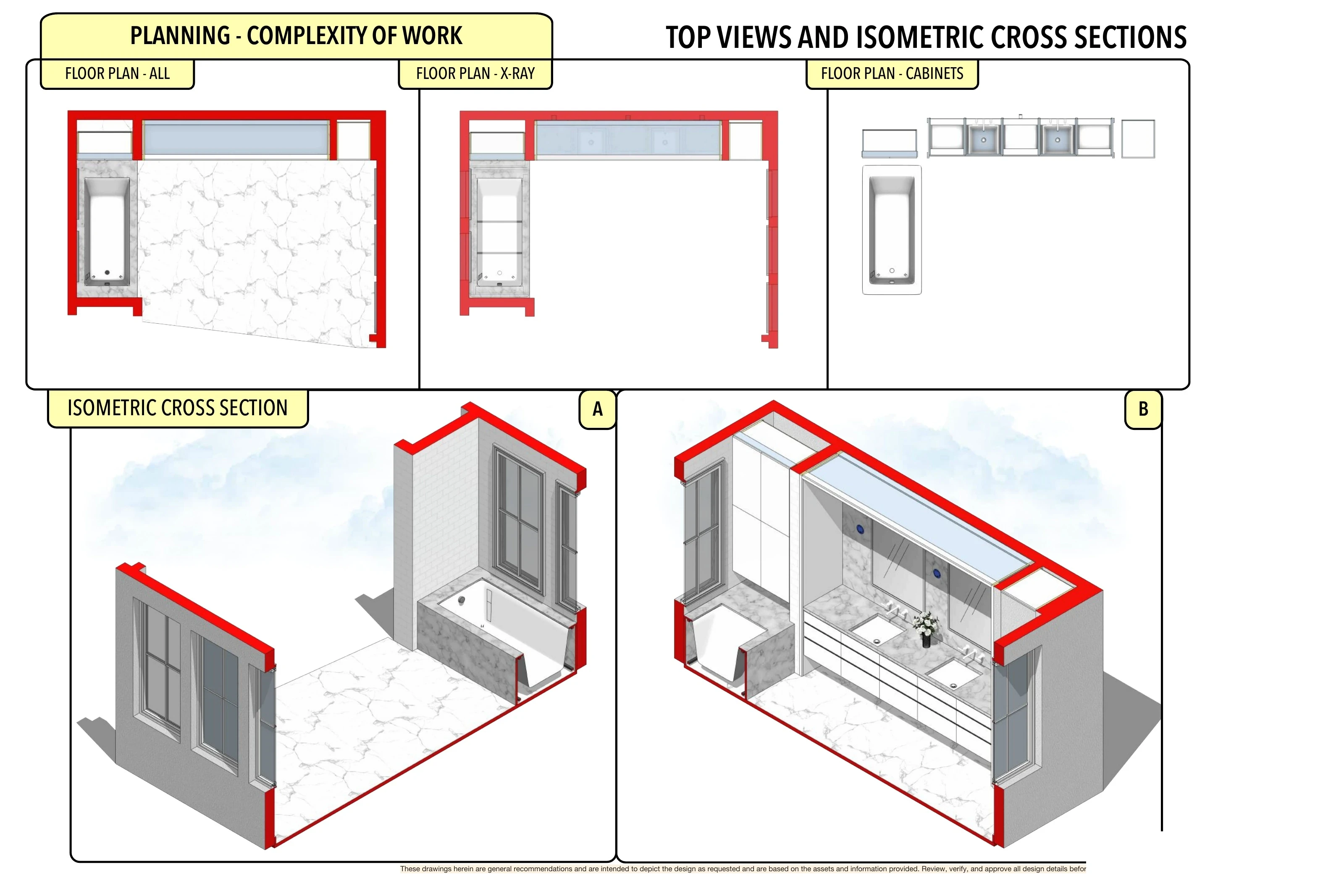 Vanity Meets Window Seat: Bathroom plans and paired isometric sections.