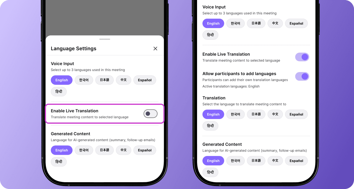 Recording screen with live transcription enabled and language settings highlighted.