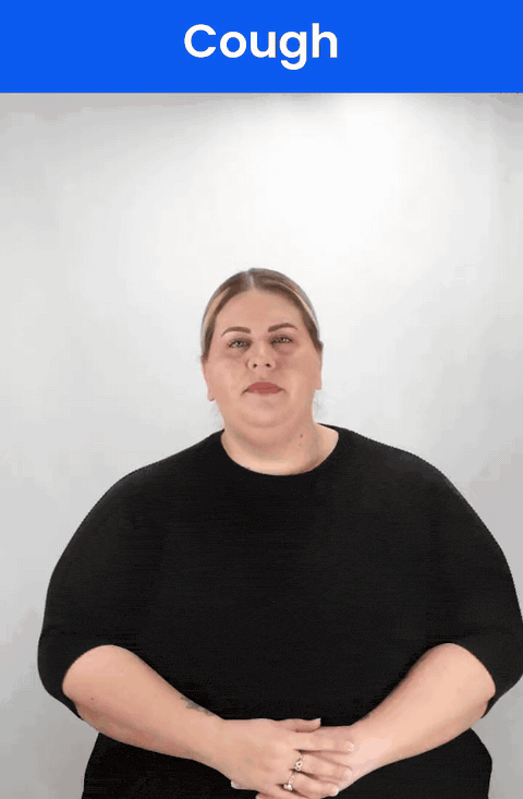Animated GIF: a Deaf signer signs COUGH in ASL, a fist making small repeated movements against the upper chest.