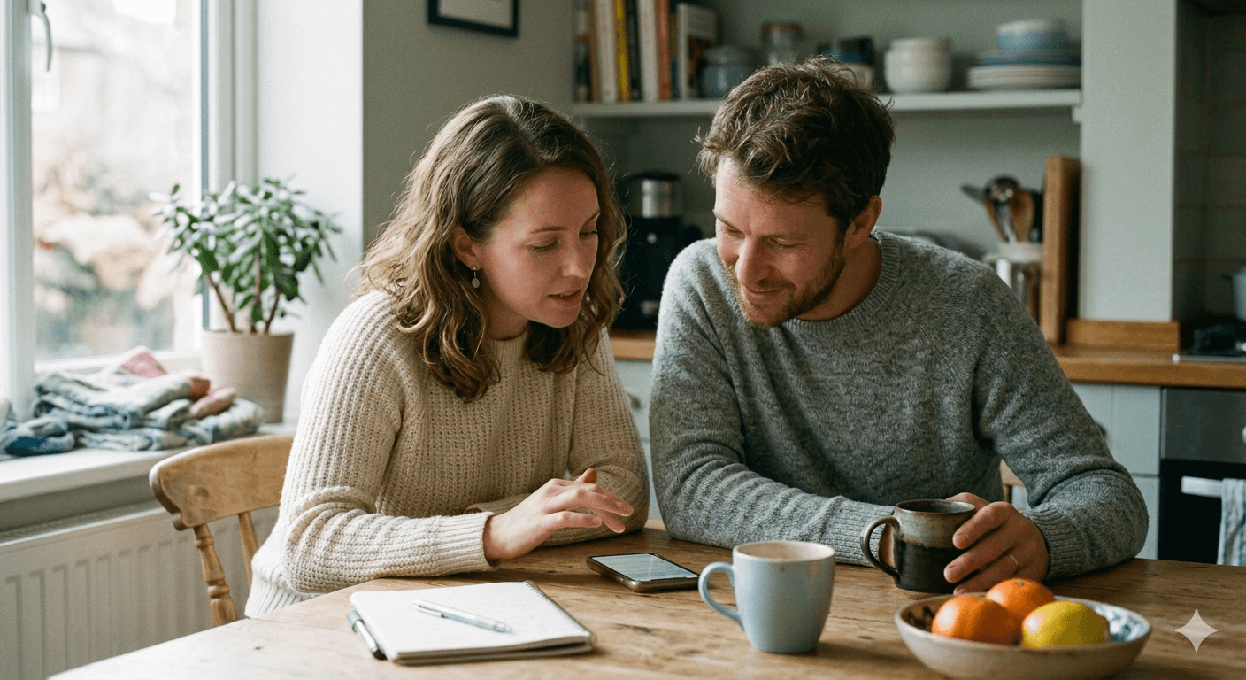 A couple at a kitchen table in morning light, both looking at a phone resting between them, mid-conversation over coffee.