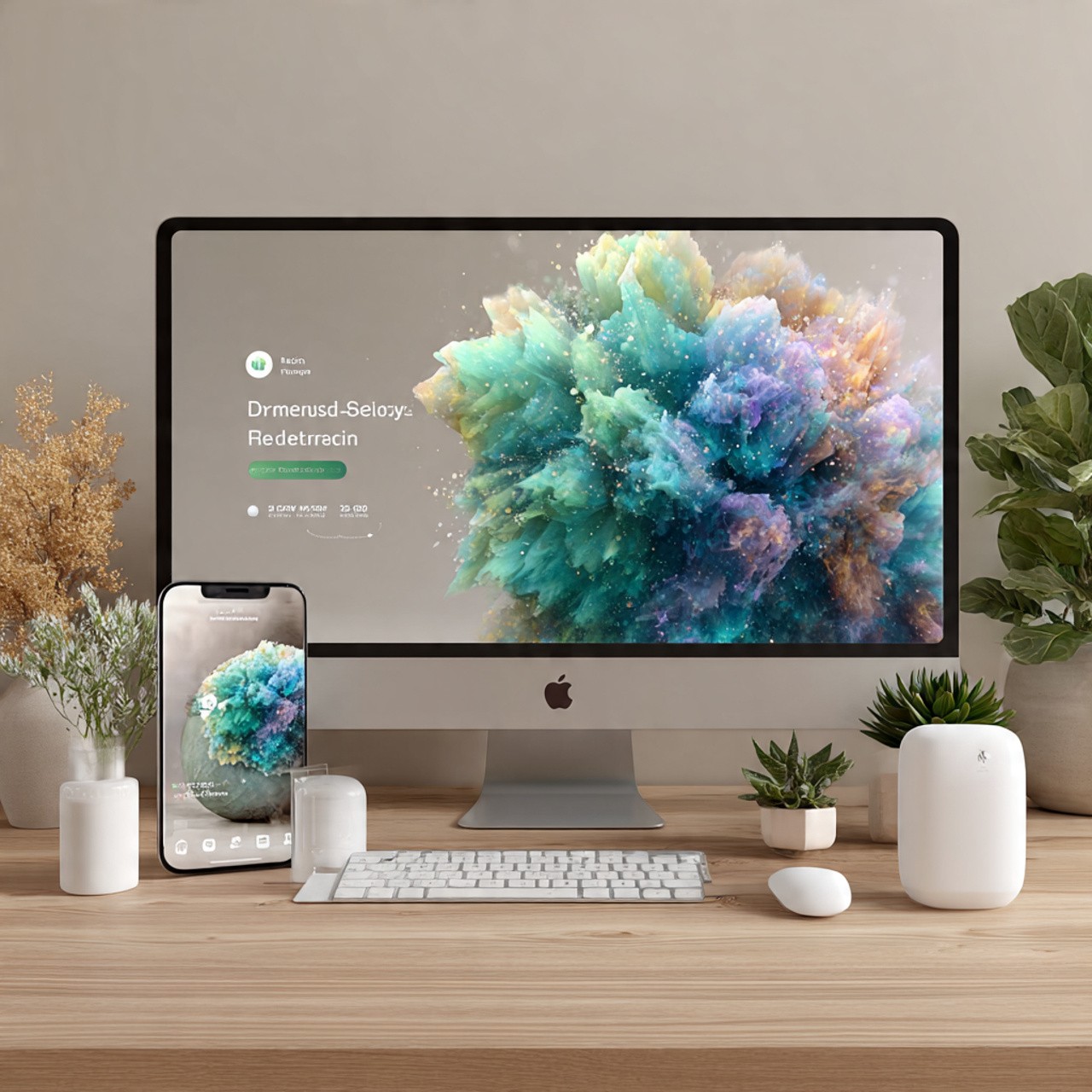 A sleek workspace with an iMac and iPhone displaying a vibrant, abstract burst of colors. Surrounded by plants, keyboard, and mouse, creating a calm, creative vibe.