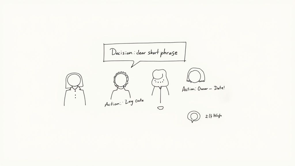 Hand-drawn sketch illustrating meeting decisions, assigned actions, and contributing team members.