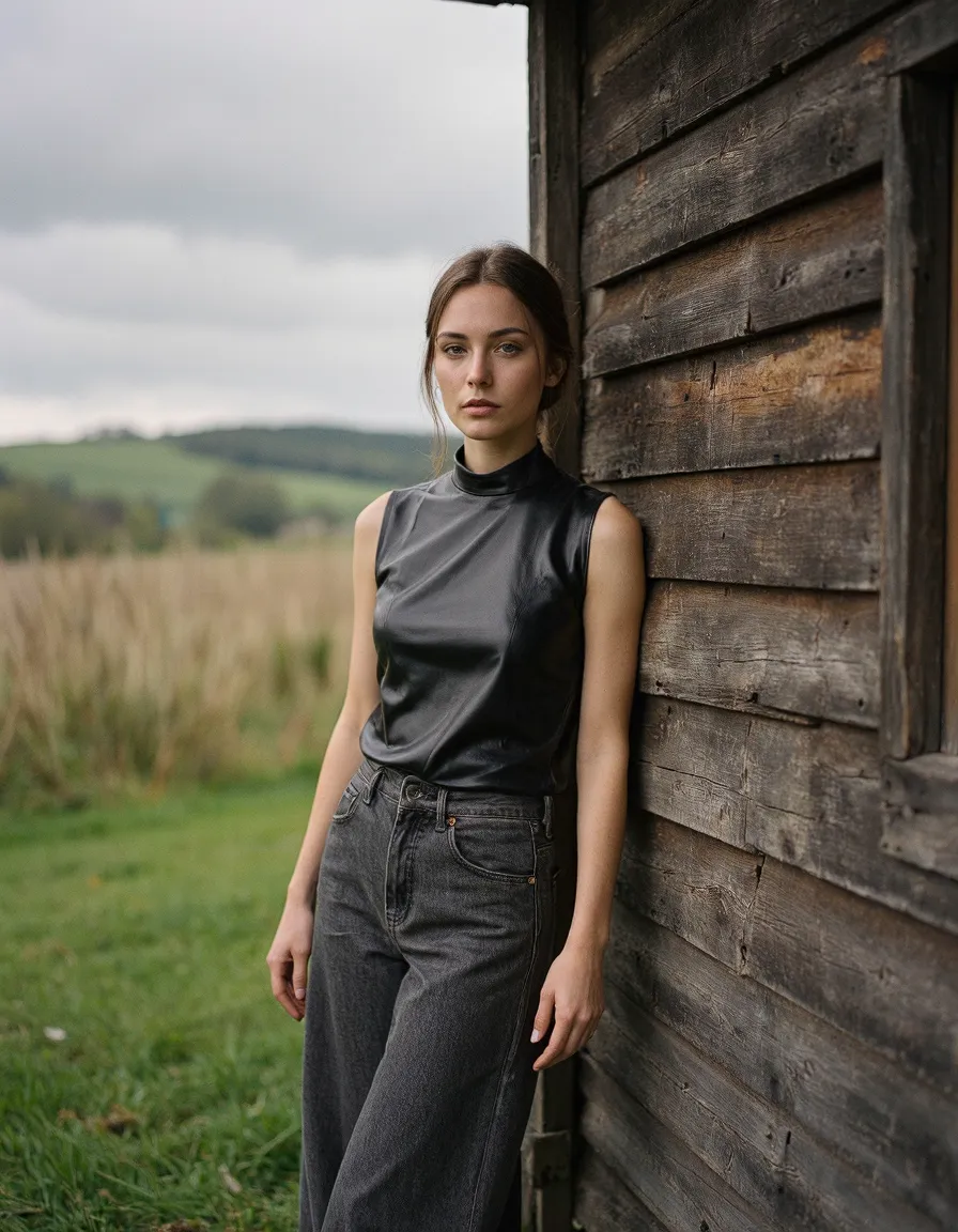 Moody portrait against rustic wooden barn wall, person wearing black sleeveless top and jeans with countryside landscape in background