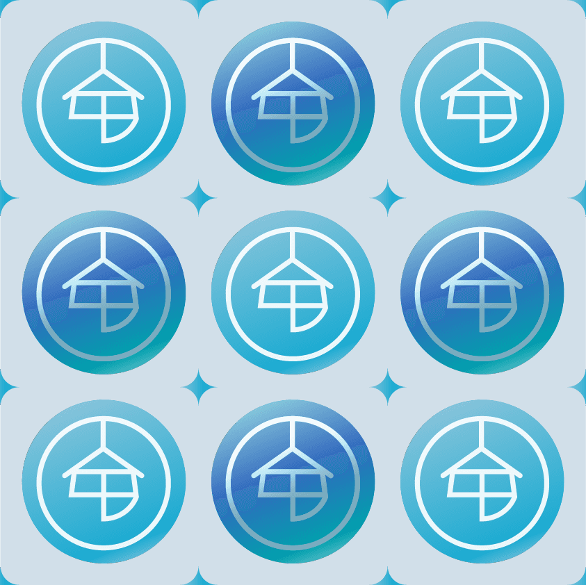 健康便當品牌 Logo 圖案排列｜藍色圓形貼紙設計