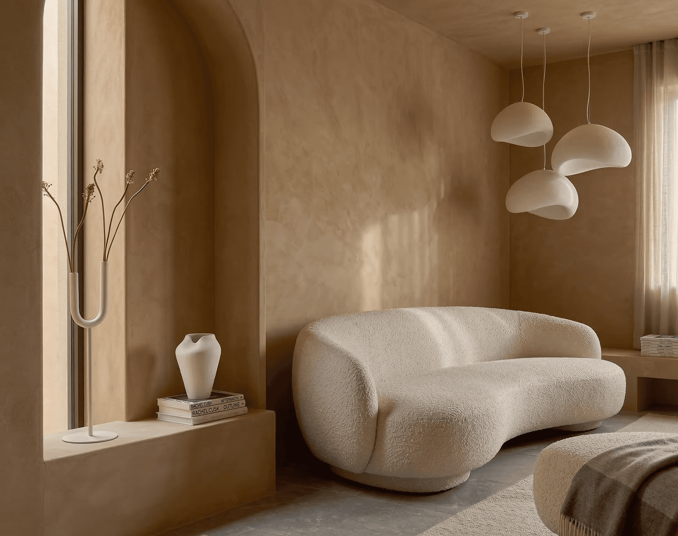 Warm-toned restaurant lounge with sculptural wooden ceiling panels, pendant lighting, caramel leather seating, and abstract wall art.