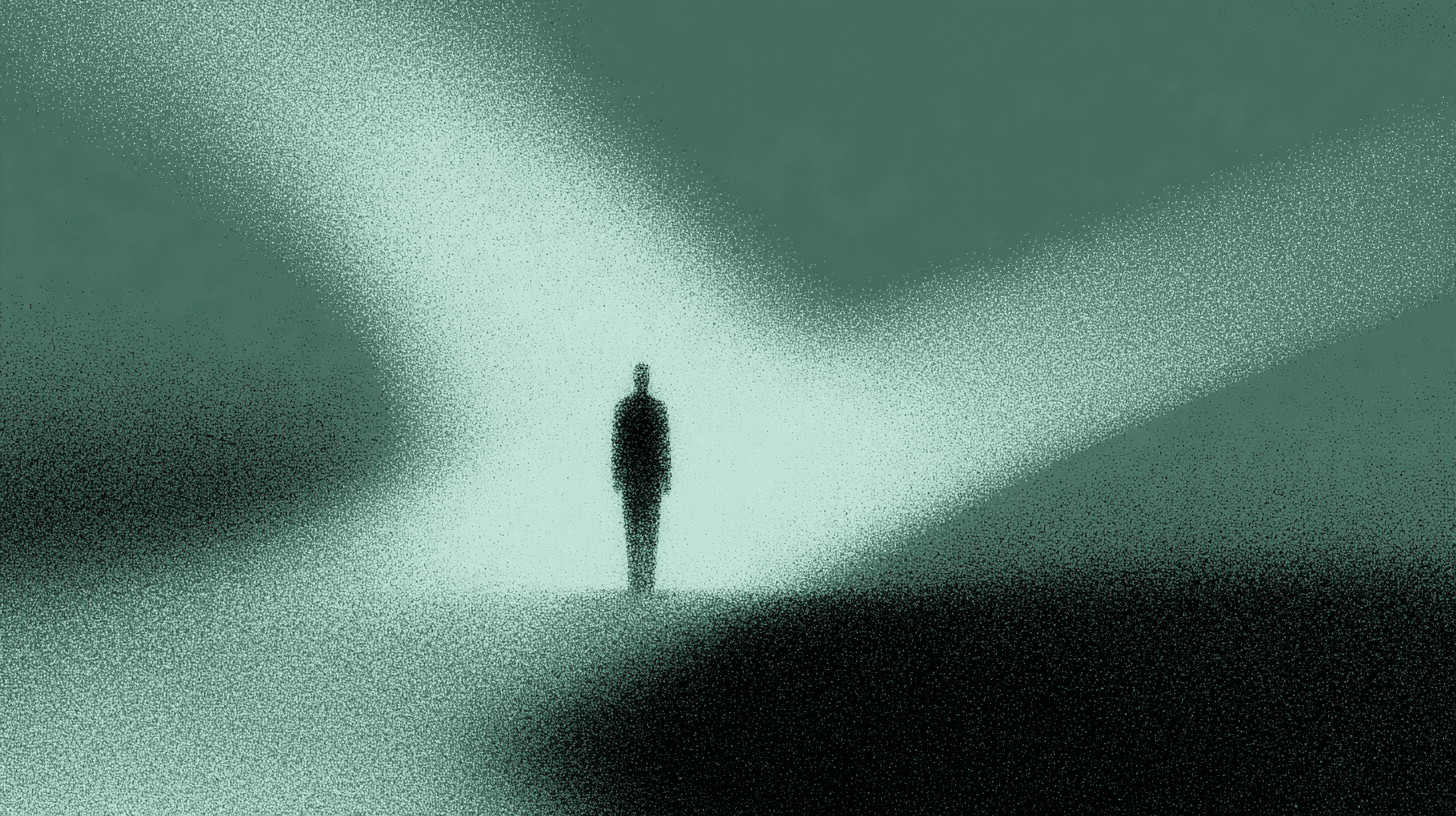 Single silhouetted figure standing between intersecting beams of light, representing comparison and stack selection.