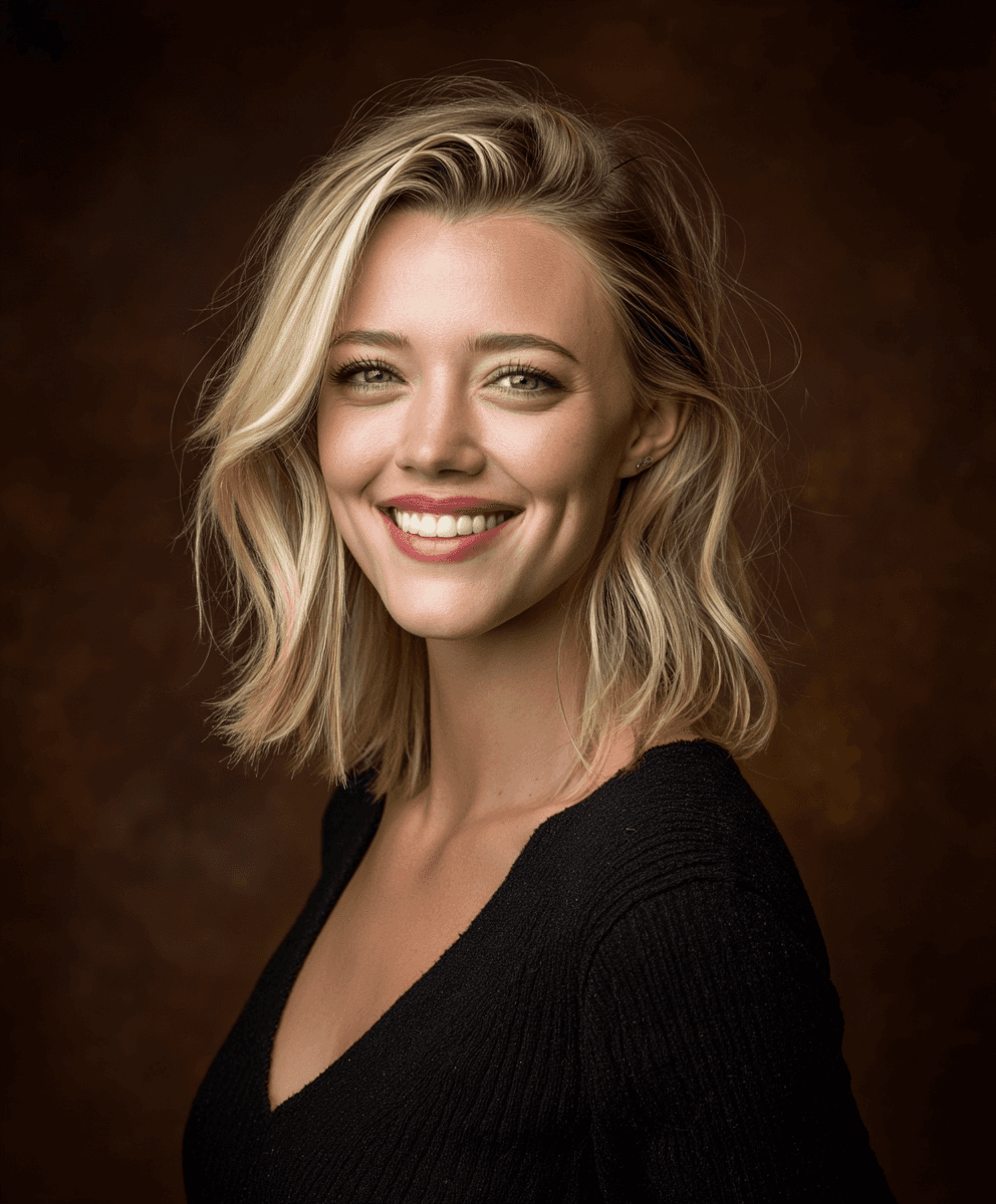 A smiling person with wavy blonde hair, wearing a black top, posed against a warm brown background.