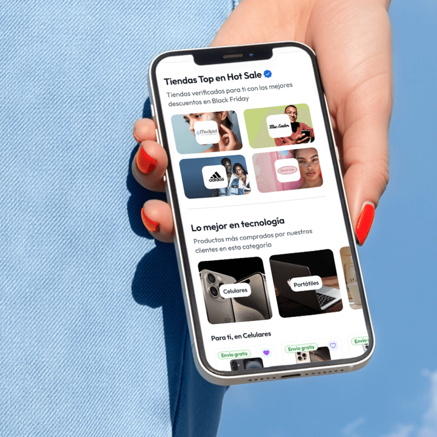 Persona sosteniendo un teléfono móvil que muestra las ofertas del marketplace de Addi en la pantalla.