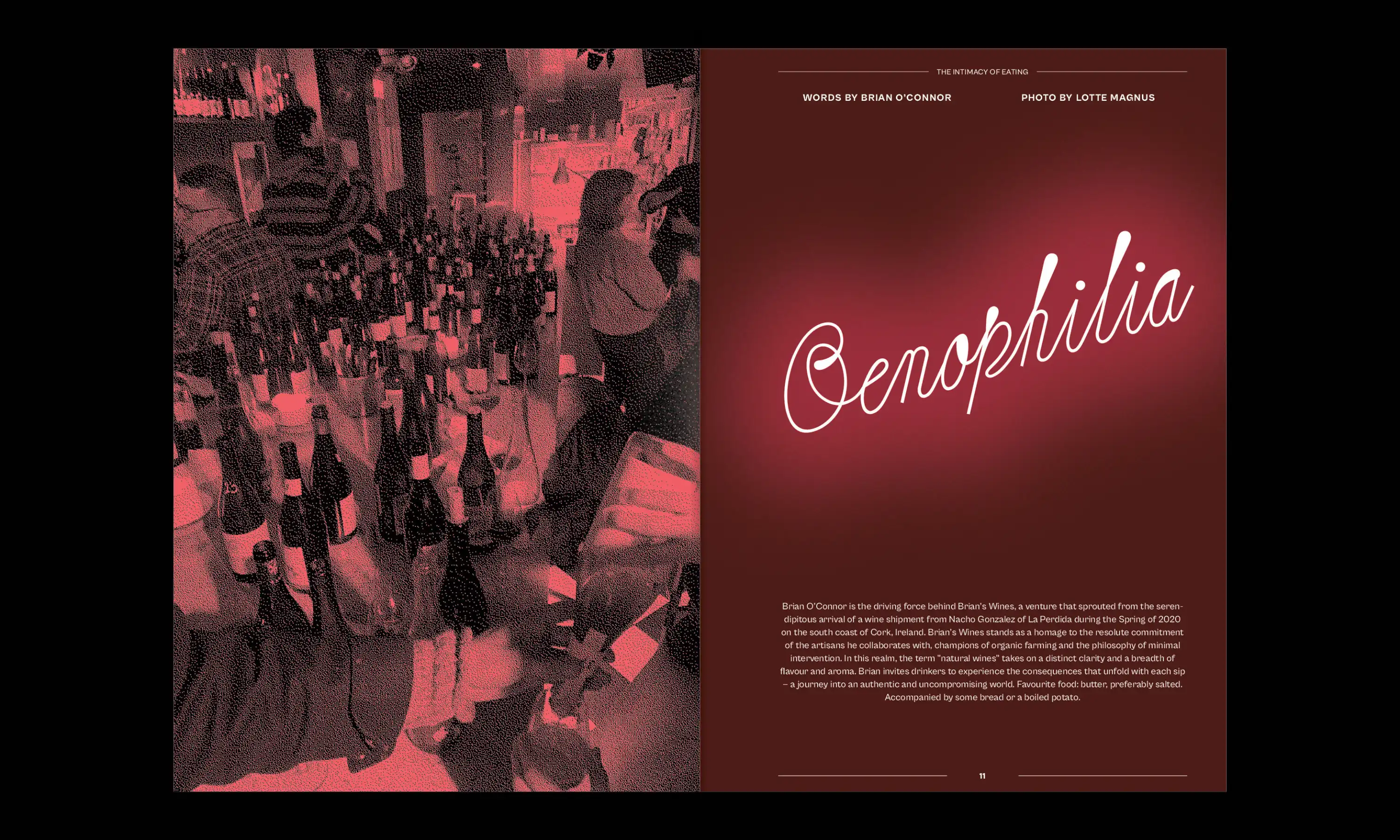 Double page spread, with a bit map stylised image showing people at a wine tasting with several bottles around them to accompany the title oenophilia