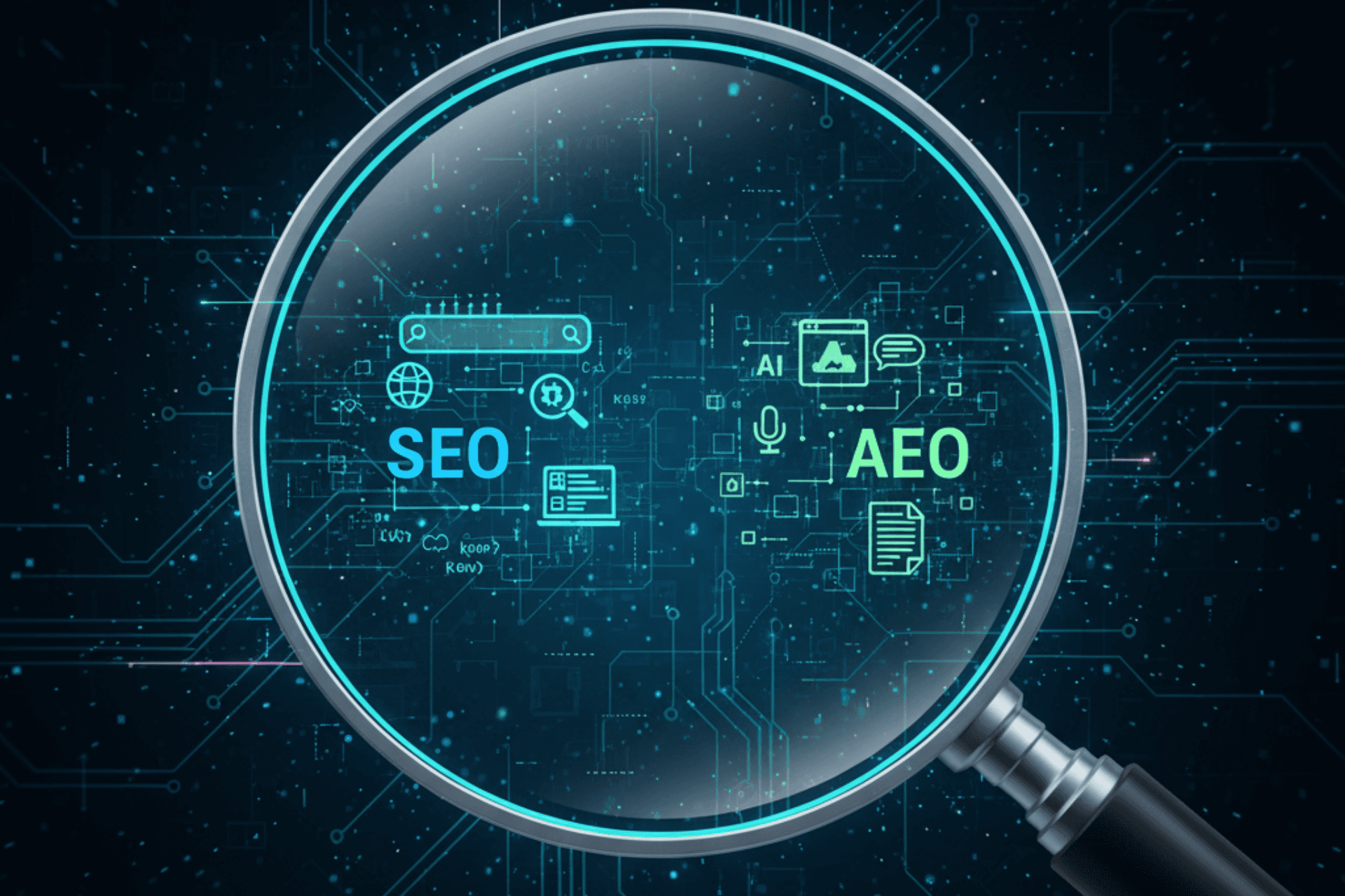 Magnifying glass over digital network representing discovery, analysis, SEO and AEO optimization in AI-powered marketing strategies
