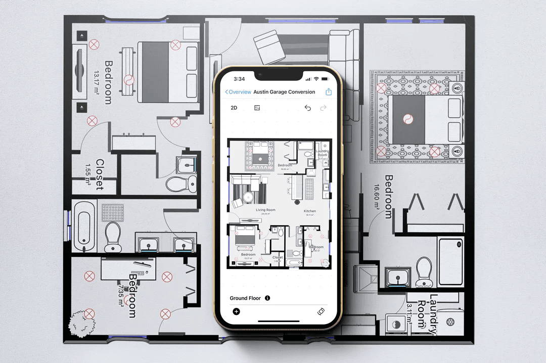 magic plan mobile app displaying a detailed floor plan and room layout on a smartphone for property documentation