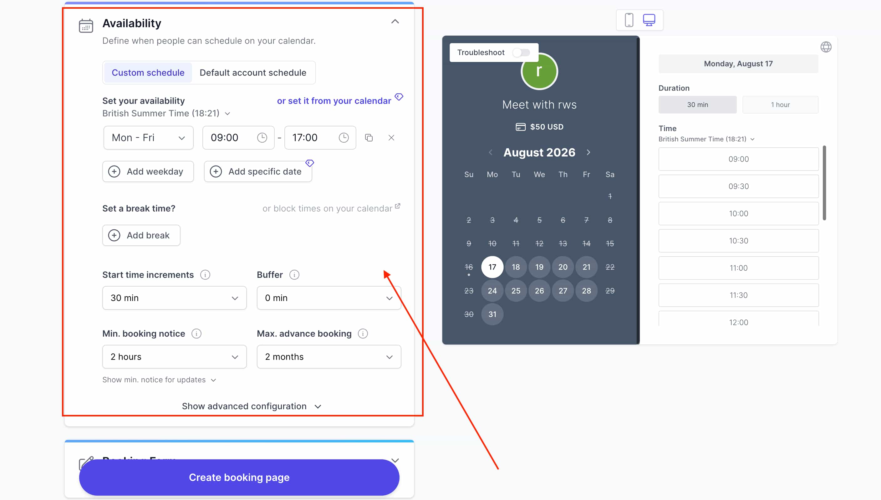 Koalendar availability settings page showing scheduling hours and available meeting times