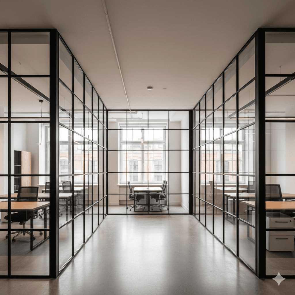 Modern bathroom featuring a walk-in shower, wooden vanity, round mirror, and elegant marble tiles.