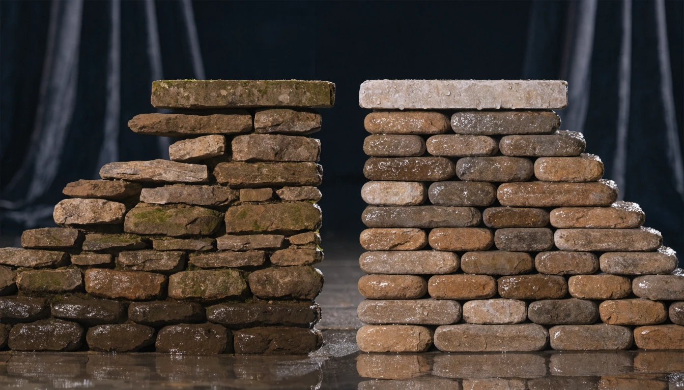 side-by-side diagram of a dry stone wall section repair versus full take-down rebuild, showing drainage, foundations, batter, through stones, and coping
