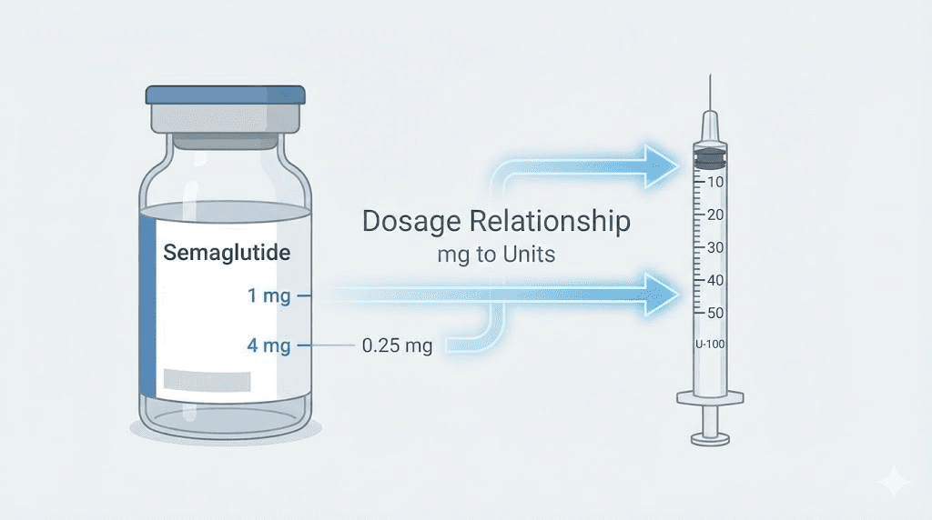 Semaglutide 5mg/ml vial with insulin syringe showing unit conversion markings