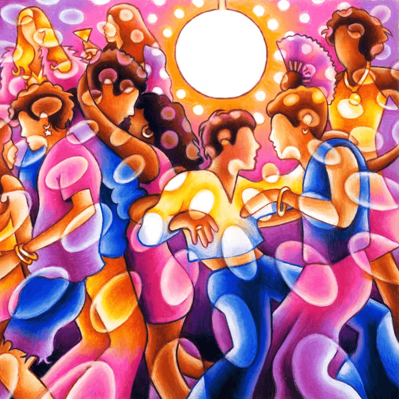 A vibrant illustration of people dancing joyfully under a bright sun, filled with colorful, swirling patterns.