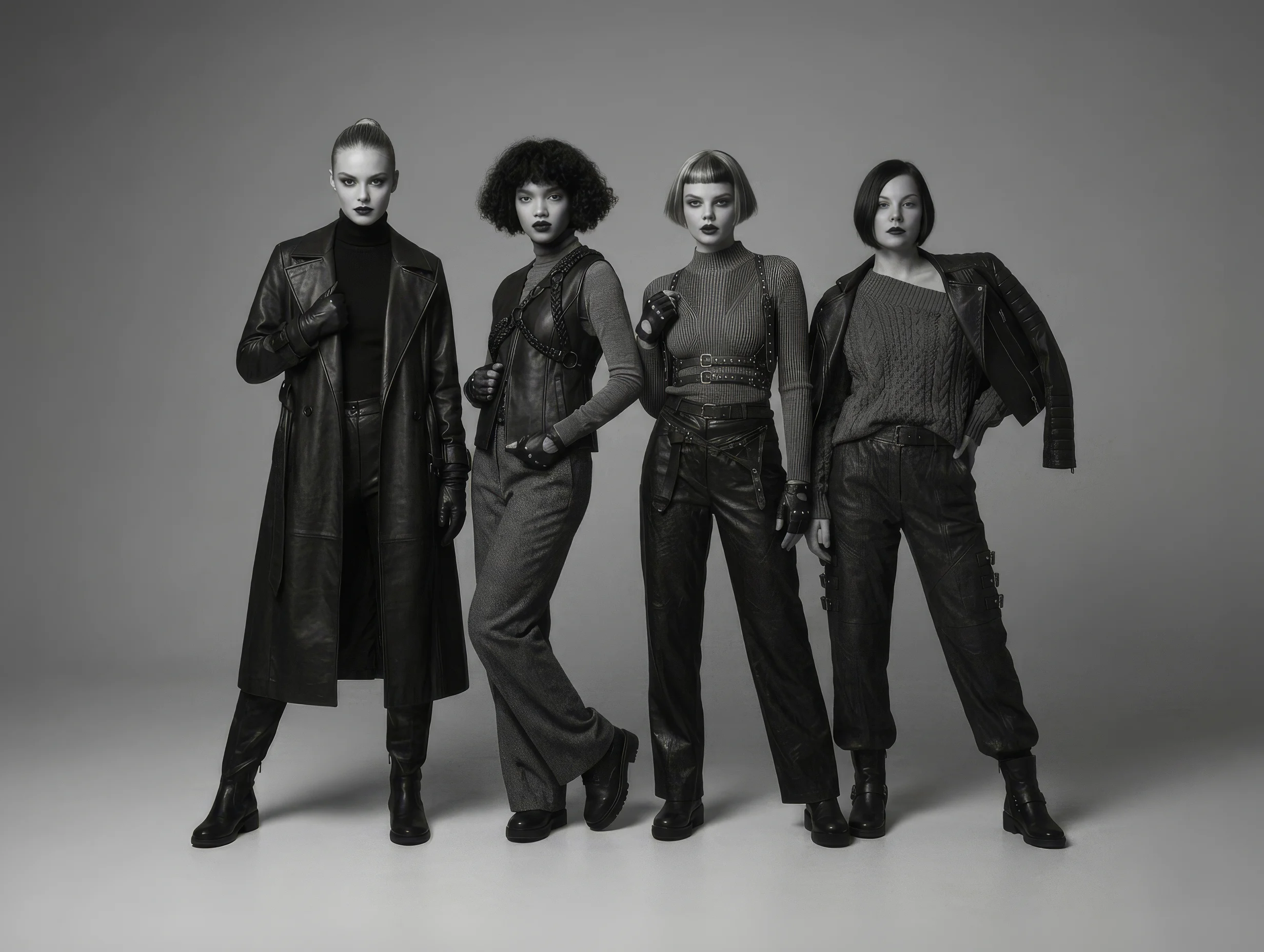 Black and white group portrait featuring multiple models wearing coordinated looks from Dominion fashion label.