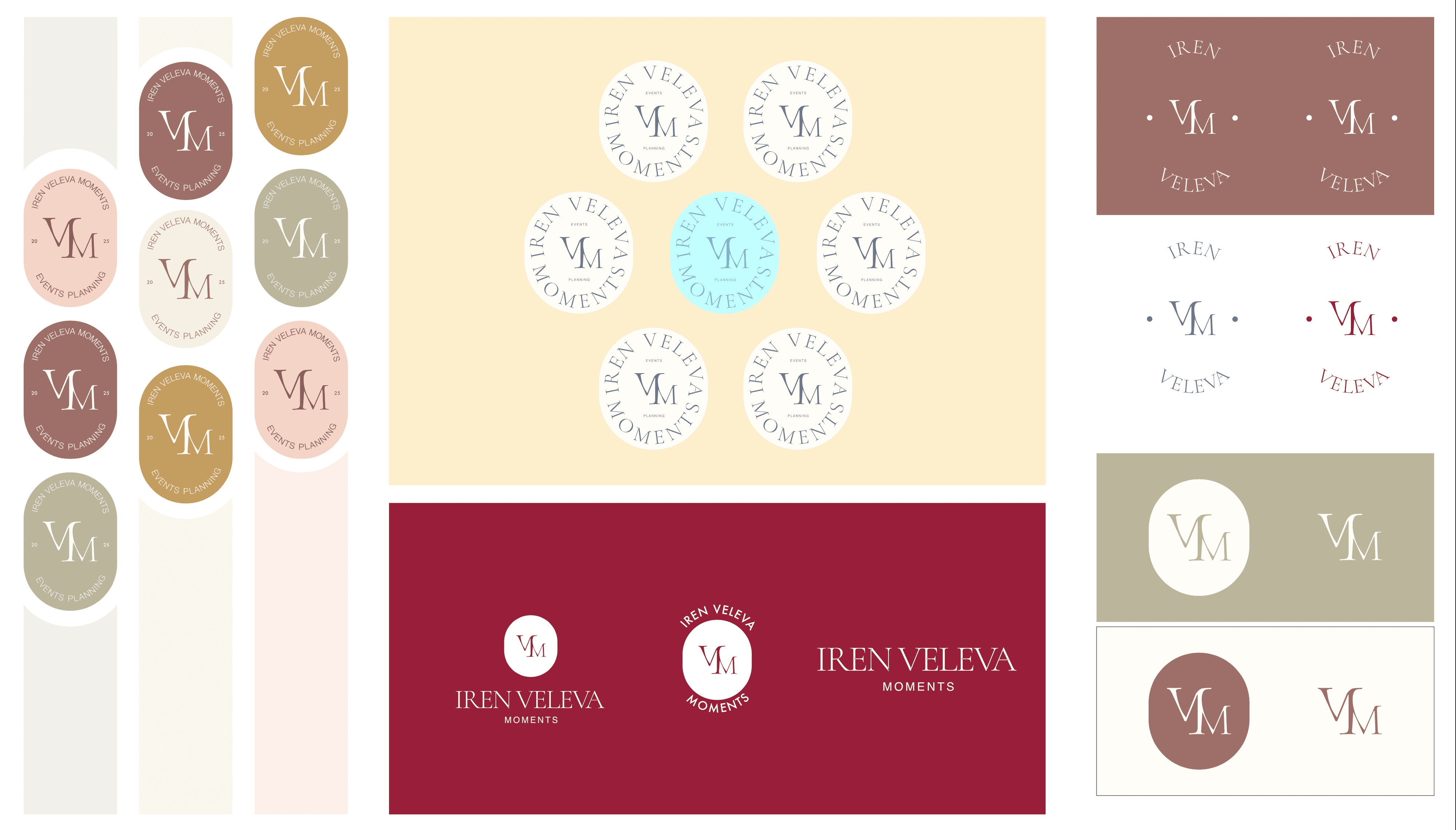 Втората логотипна концепция за Iren Veleva Moments включва множество под-марки, печати и вторични композиции с монограм “VM”, тествани в разнообразни цветове и формати. Тази страница визуализира как монограмният знак може да работи като подпечатана марка, вторичен лого вариант и декоративен елемент в цялостната визуална идентичност.