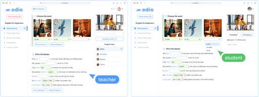 edio virtual classroom — teacher and student view during online language lesson