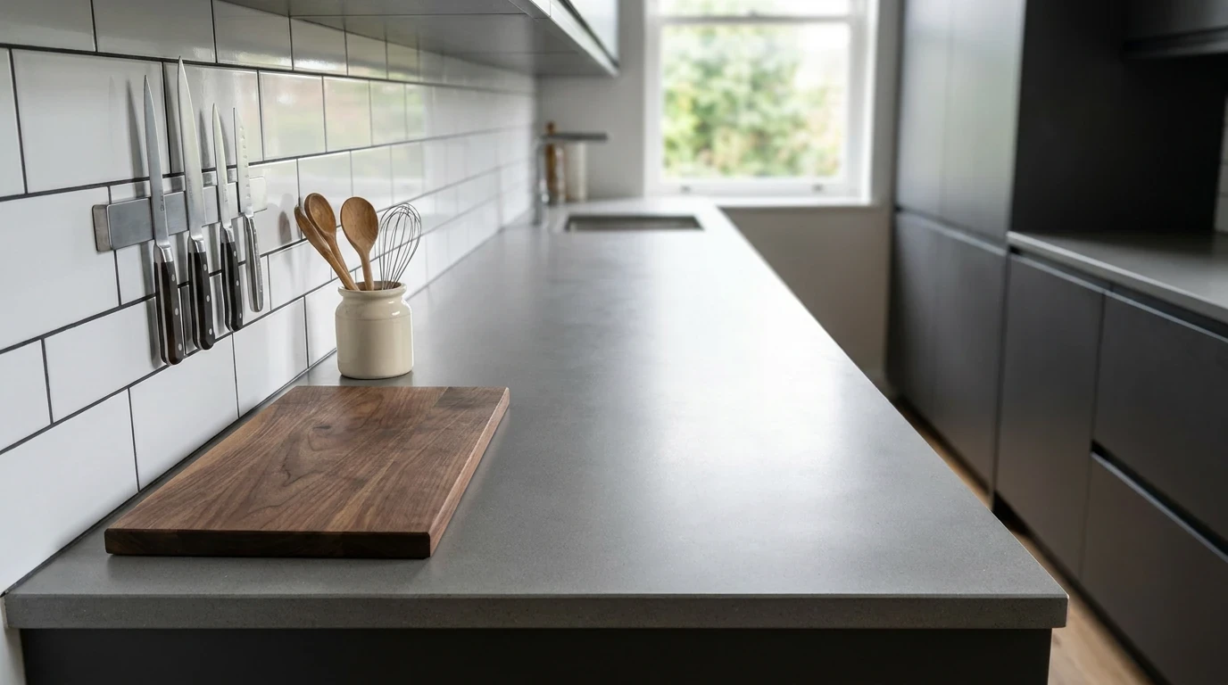 Modern small kitchen with a clear countertop, cutting board, wall-mounted knives, and cooking utensils.