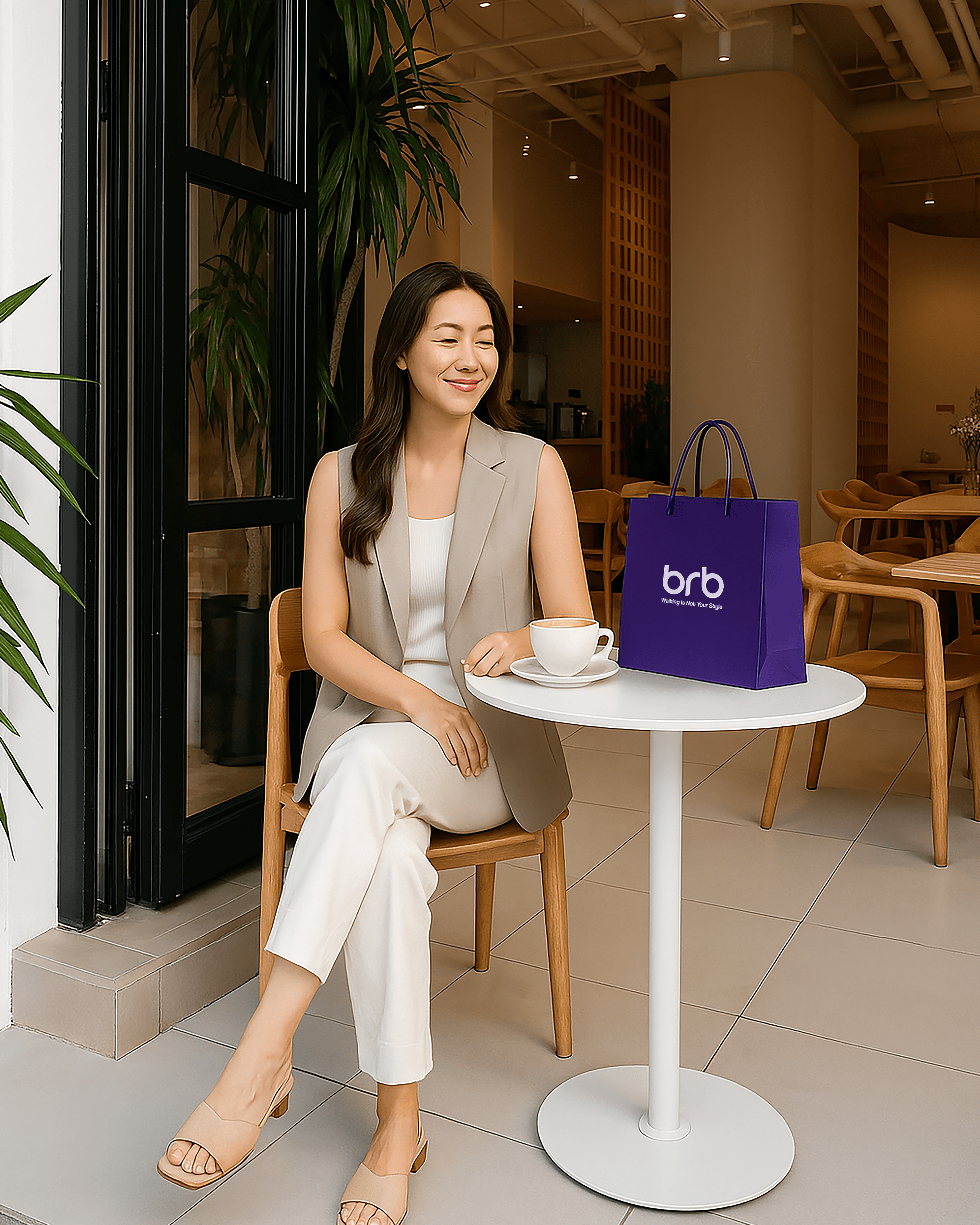 Young woman relaxing at a coffee shop with a BRB bag on table, symbolizing self-care delivery experience