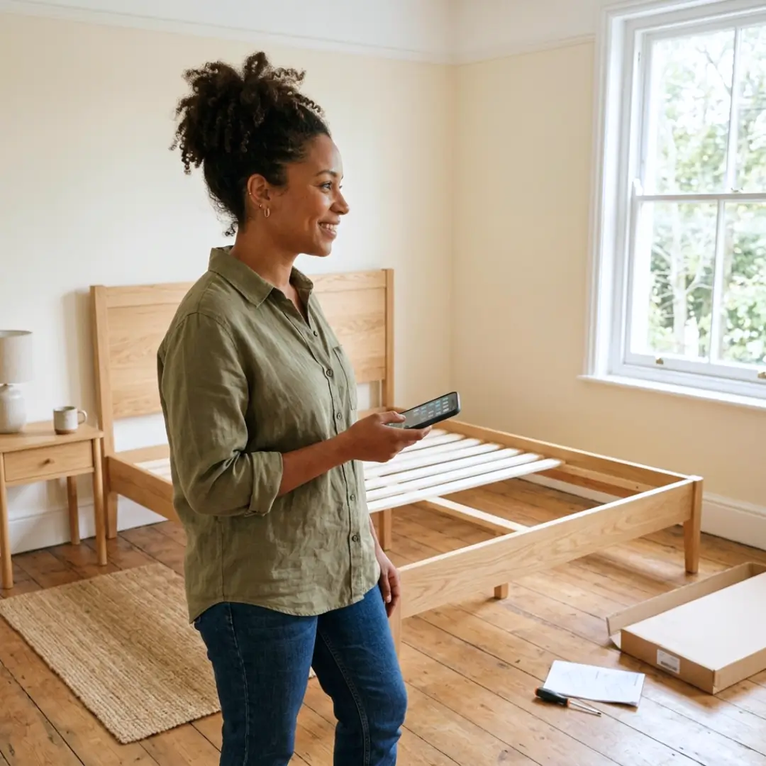 A woman looks at a partially assembled bed frame while holding her smartphone, illustrating an app feature called Whisprice that monitors products and notifies users the moment prices drop to their specific target.