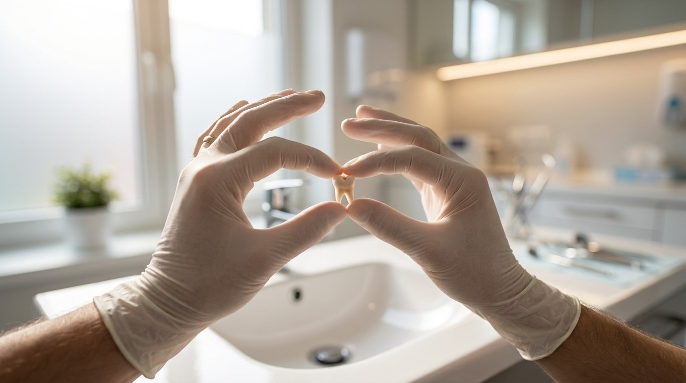 A person carefully holding a knocked-out tooth by the crown over a sink to avoid touching the root.