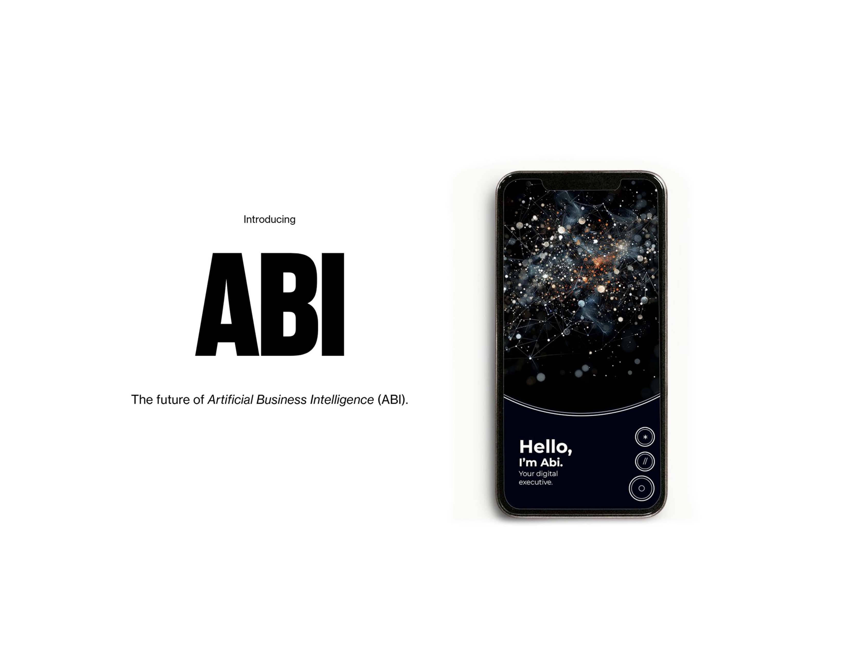 A smartphone displaying a starry background with the text 'Introducing ABI: The Future of Artificial Business Intelligence (ABI).