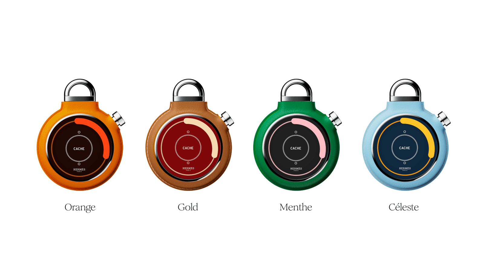 CACHE colourways — Orange, Gold, Menthe, Céleste