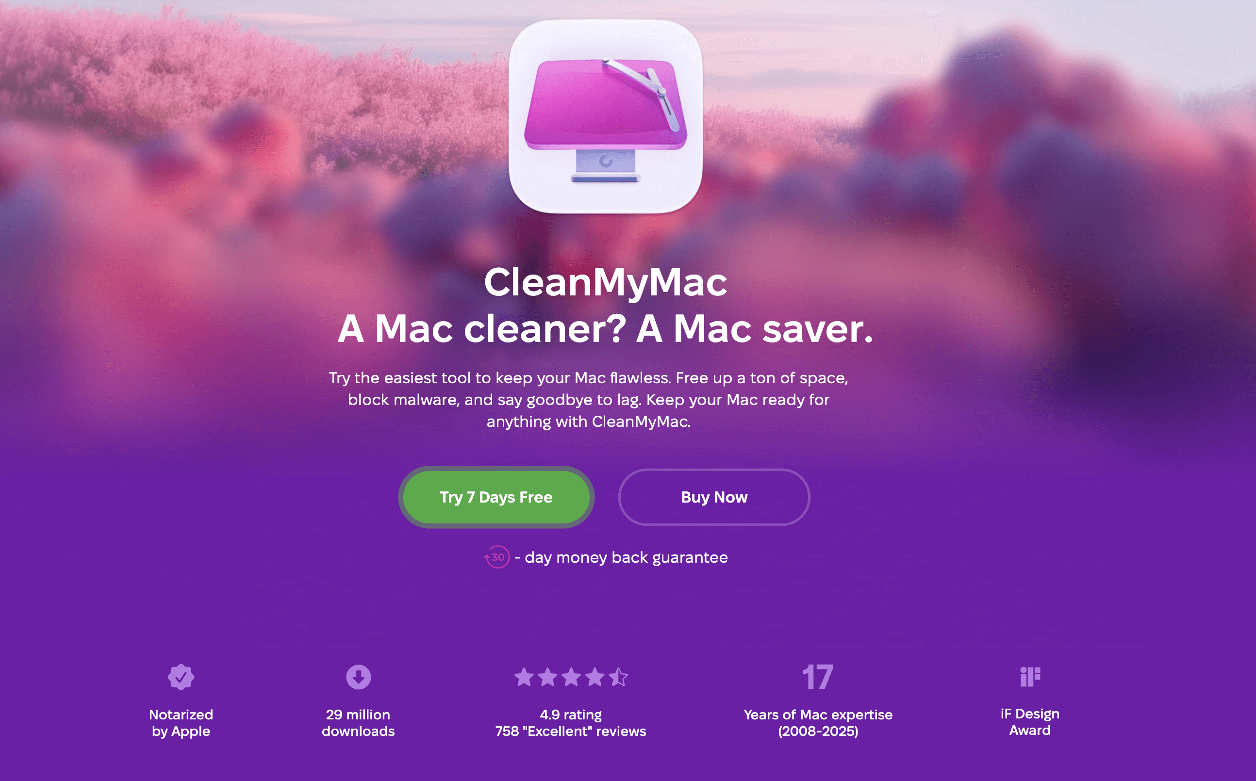Screenshot of the CleanMyMac app homepage