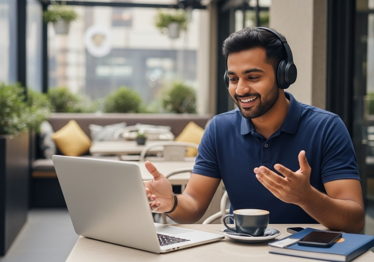 An advisor working from a café receives a booking confirmation and then connects with the customer on a video call