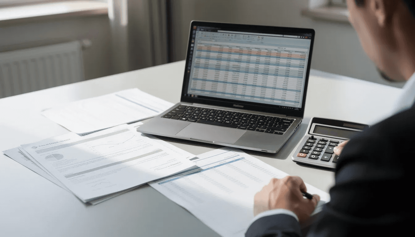 A person is seated at a desk, intently reviewing financial documents on a laptop, with a calculator positioned nearby, indicating they may be analyzing their Roth IRA contributions or considering a backdoor Roth conversion. The scene reflects a focus on managing taxable income and understanding IRA options for future financial planning.