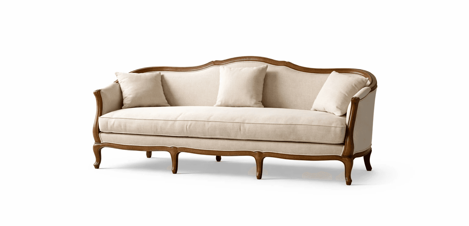 Low‑profile classic sofa with relaxed cushions and gently curved wooden frame