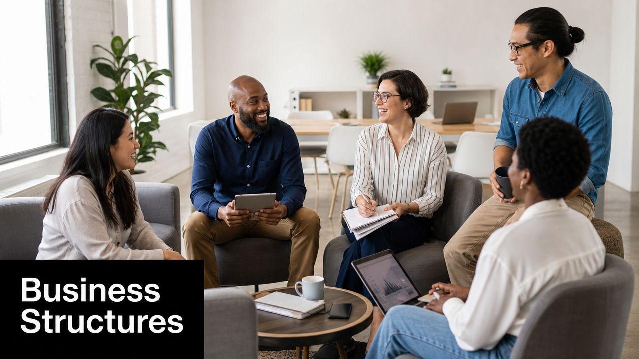 A diverse group of professional colleagues collaborating in a bright modern office meeting space.