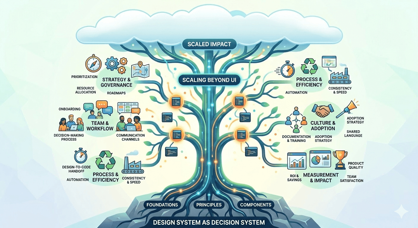 Illustration of a design system represented as a tree structure, with foundations, principles, and components forming the roots and branching into areas like strategy, workflow, governance, and product impact.