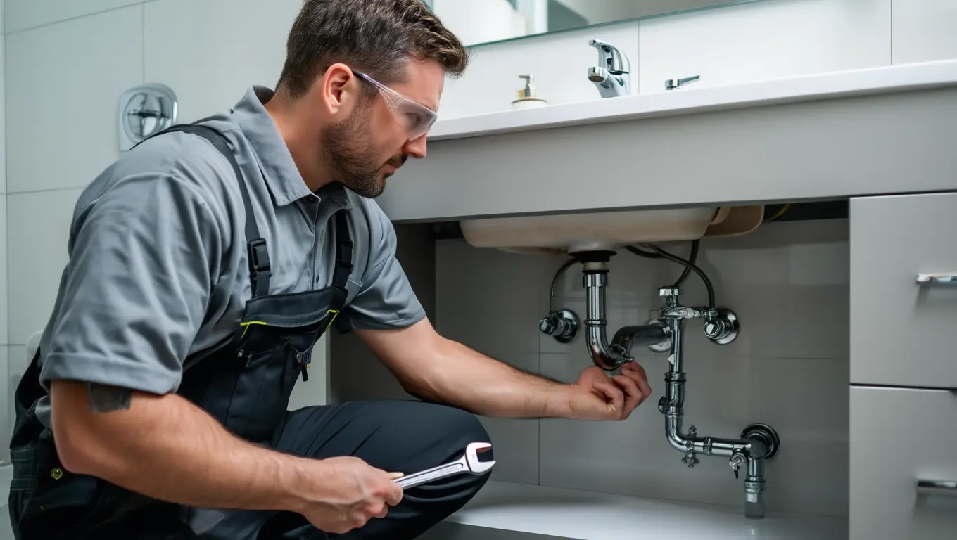 A plumber inspects under a sink, holding a tool and reviewing notes in a modern kitchen setting.