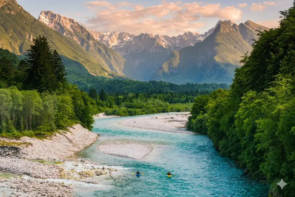 View over Soča River valley near Bovec in Slovenia, with mountains glowing in the evening light in the distance