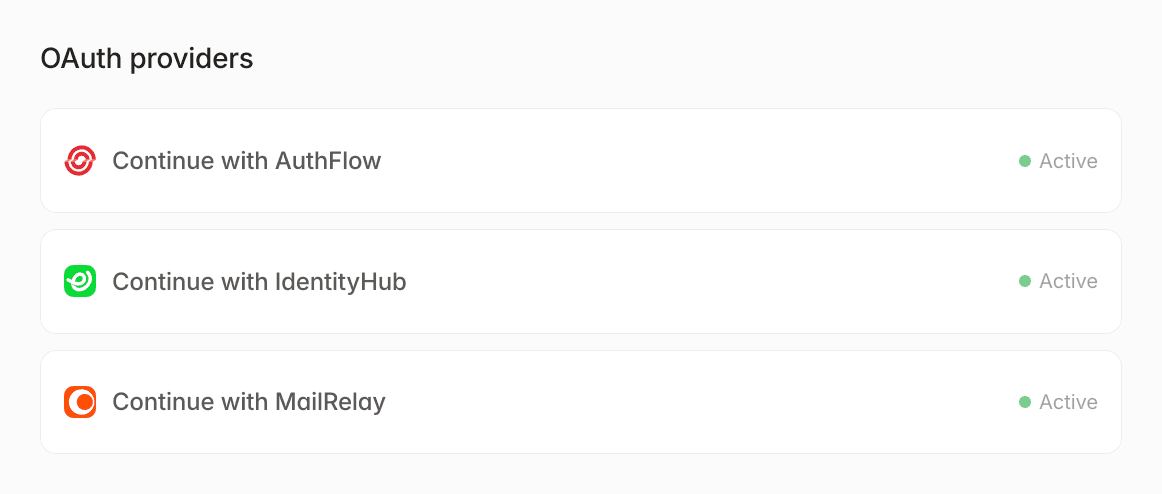 OAuth providers: Continue with AuthFlow, IdentityHub, and MailRelay, all active.