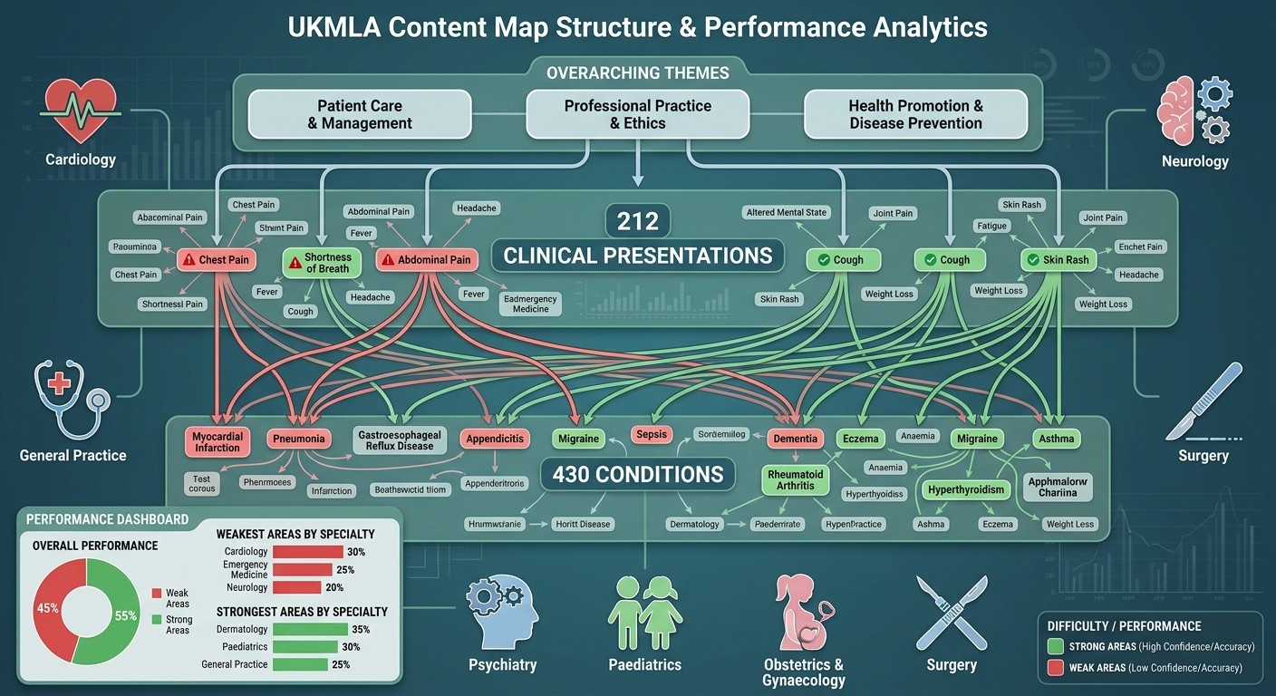 UKMLA 2026 content map structure showing three layers and adaptive weak area identification