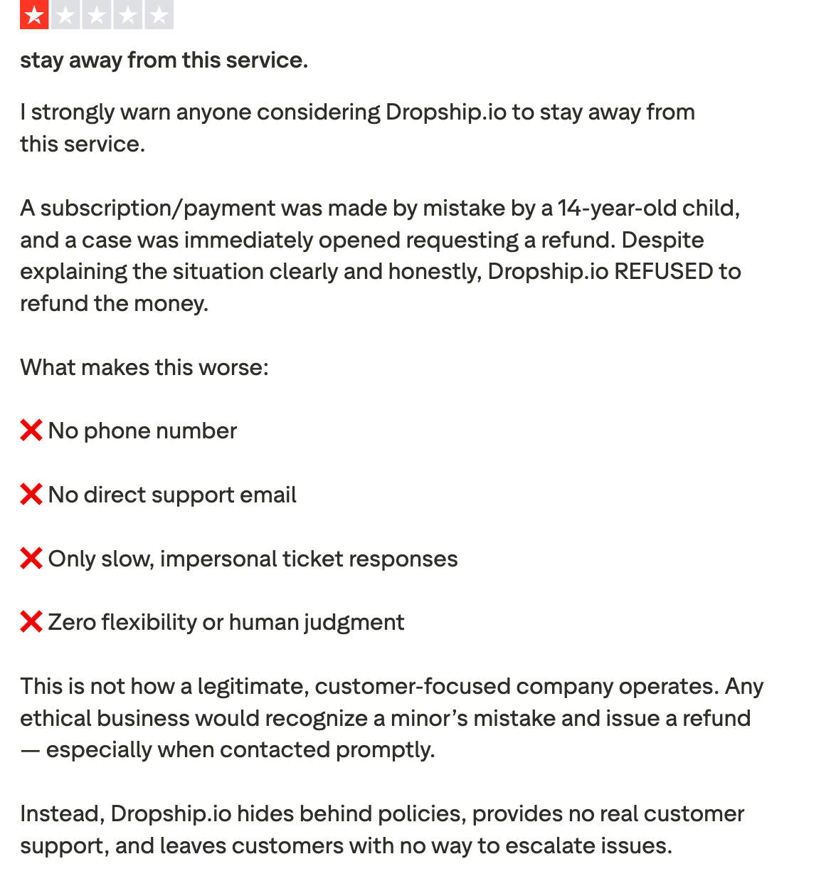 One-star Trustpilot review for Dropship.io warning users to stay away due to a refused refund and poor customer support