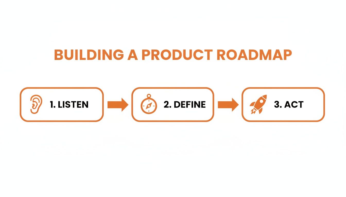 An infographic outlines three steps for building a product roadmap: Listen, Define, and Act.
