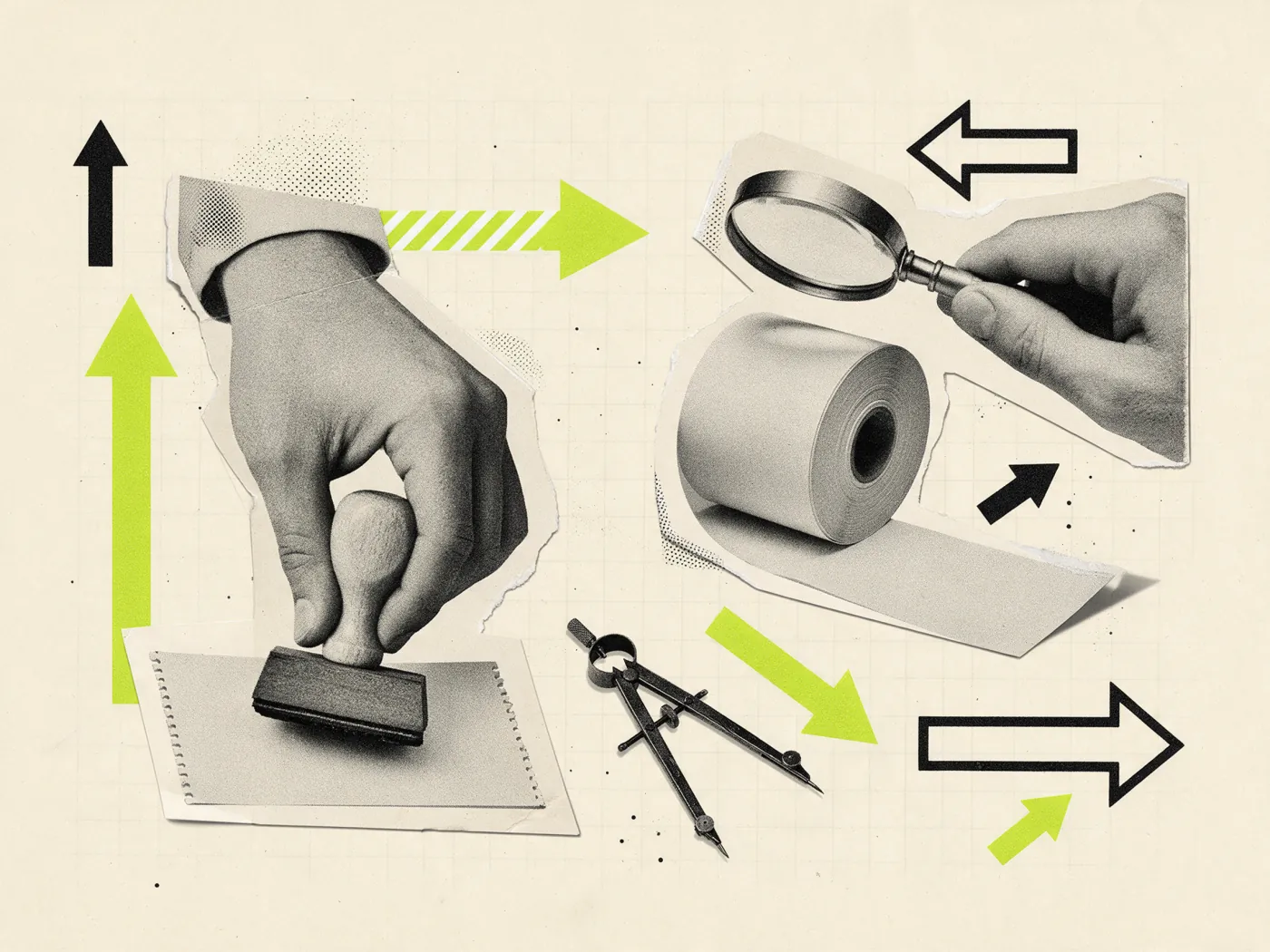 Colagem vintage: mão carimbando comprovante e mão com lupa sobre rolo de papel, o que a norma decide em UI UX para fintech
