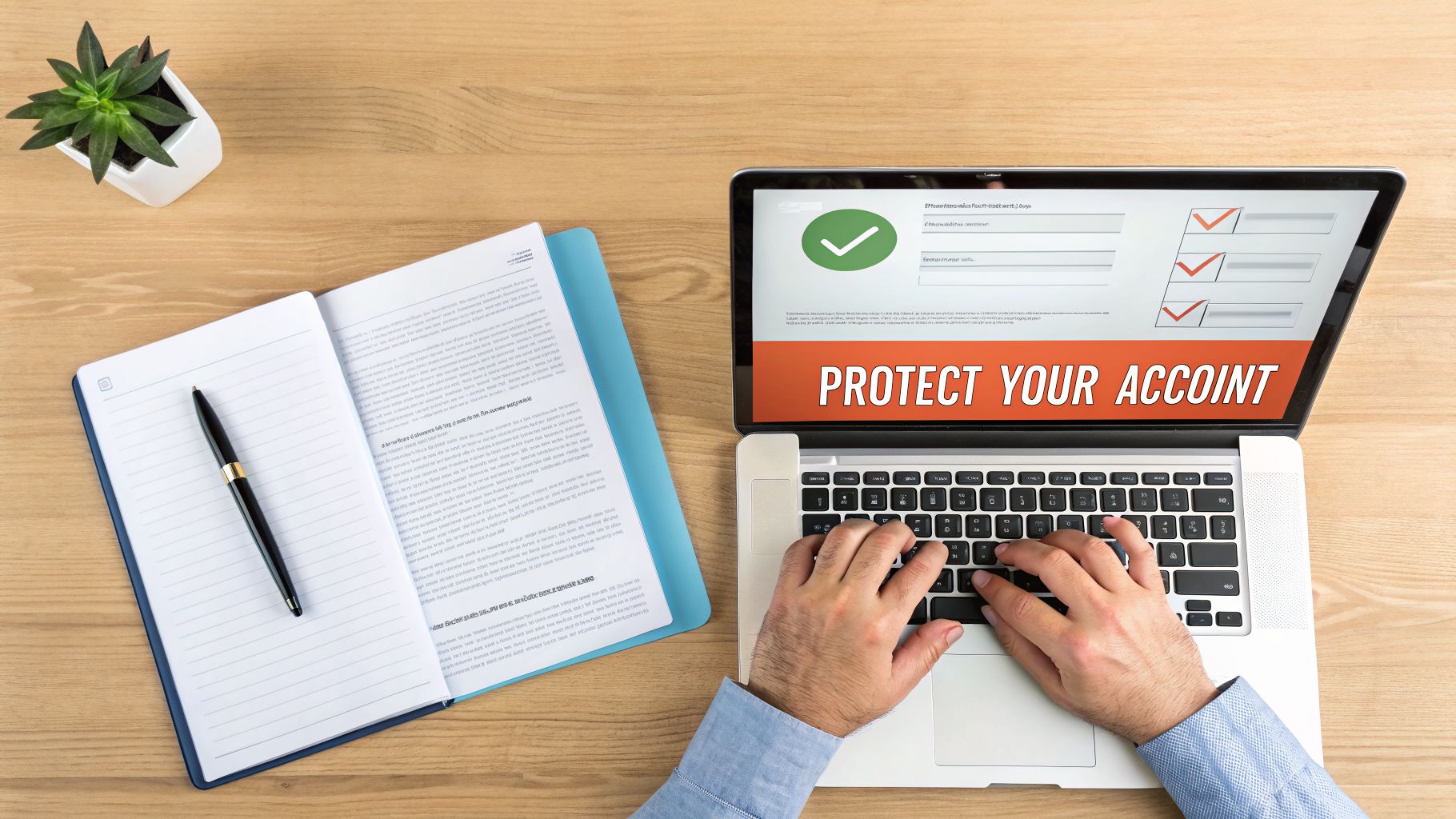 Overhead view of hands typing on a laptop displaying 'Protect Your Account', next to a notebook and a plant on a wooden desk.