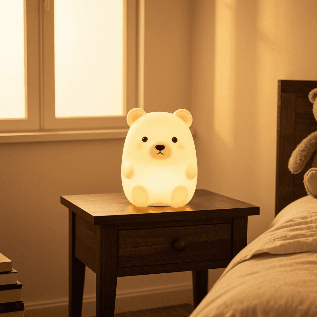 product photography of a decorative night light in the shape of a bear