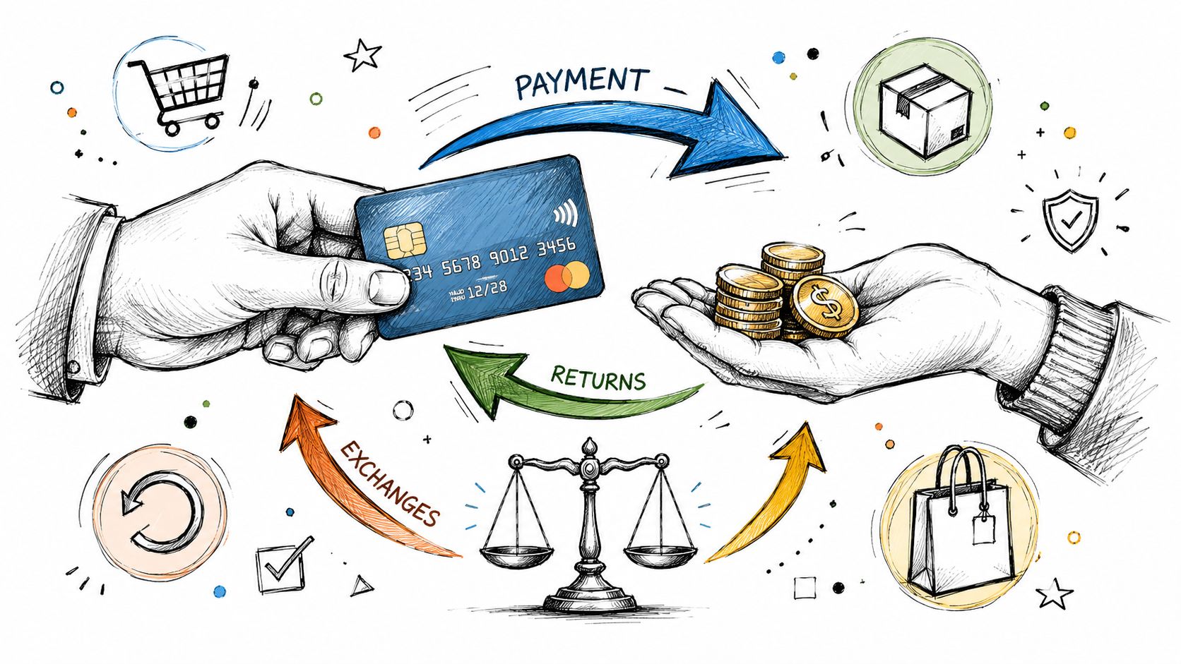 A hand holds a credit card while the other holds coins, illustrating payment, returns, and exchange processes.