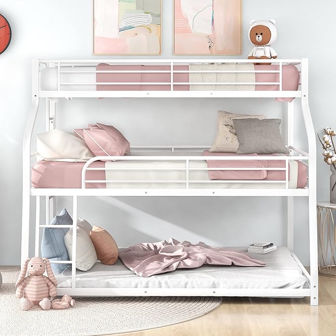 The white triple bunk bed offers a sleek and contemporary look, ideal for productivity.