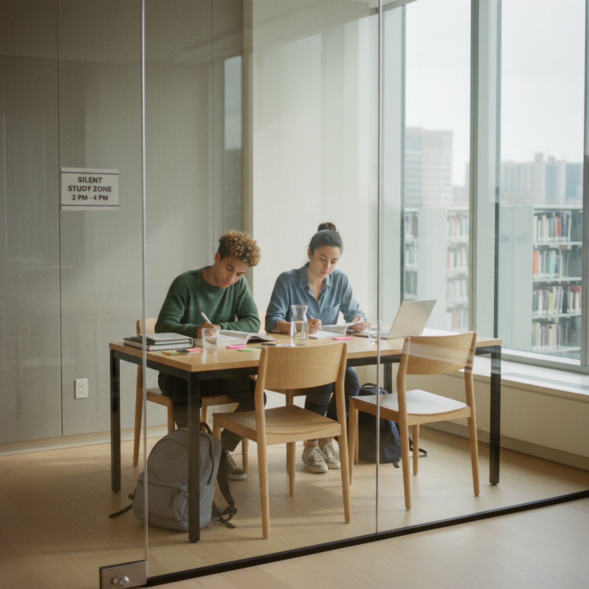 Ein stiller Lernraum mit Glaswand zeigt zwei Studierende, die Markierungen in Texten setzen. Ein kleiner Hinweis an der Tür nennt Raumname und Zeit. Wassergläser stehen bereit, Stühle sind ordentlich ausgerichtet. Die Szene vermittelt Konzentration und Verlässlichkeit.